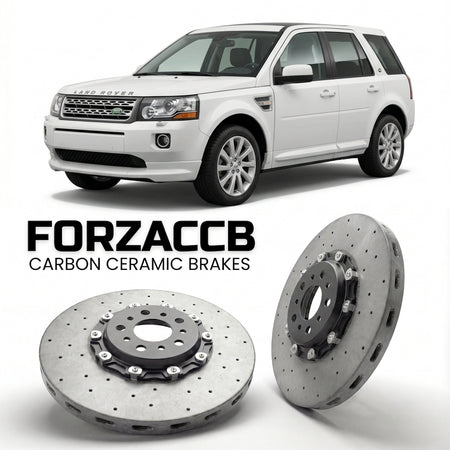 ForzaCCB direct OEM replacement carbon ceramic brake rotors for 2005 to 2006 Land Rover Freelander I Soft Top models, shown with a white Land Rover Freelander car.