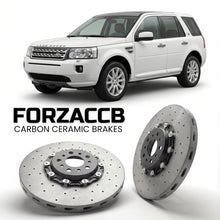 ForzaCCB direct OEM replacement carbon ceramic brake rotors for 2006 to 2010 Land Rover Freelander II models, shown with a white Land Rover Freelander car.