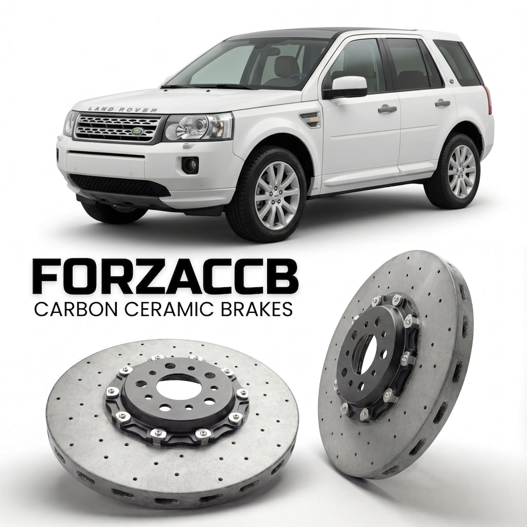 ForzaCCB direct OEM replacement carbon ceramic brake rotors for 2006 to 2010 Land Rover Freelander II models, shown with a white Land Rover Freelander car.