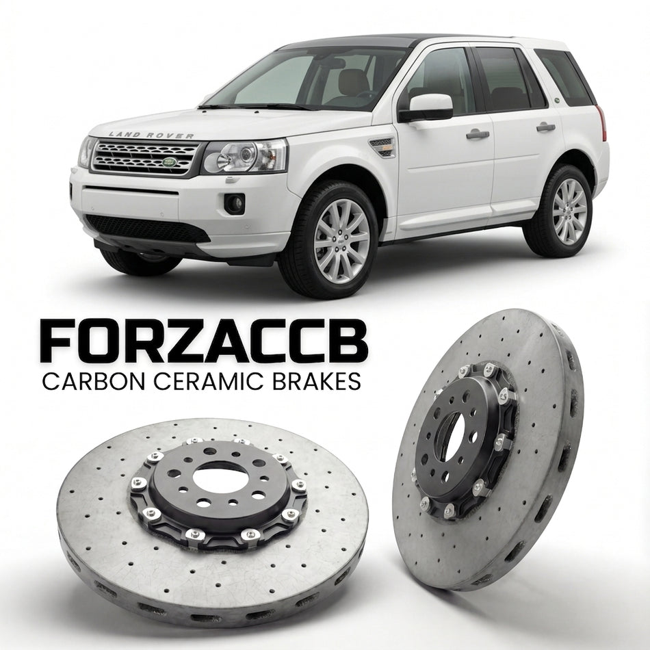 ForzaCCB direct OEM replacement carbon ceramic brake rotors for 2006 to 2010 Land Rover Freelander II models, shown with a white Land Rover Freelander car.