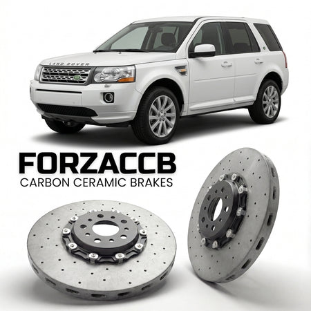 ForzaCCB direct OEM replacement carbon ceramic brake rotors for 2010-2012) Land Rover Freelander II (facelift 2010 models, shown with a white Land Rover Freelander car.