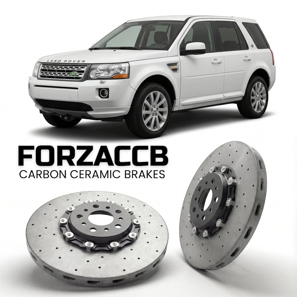 ForzaCCB direct OEM replacement carbon ceramic brake rotors for 2010-2012) Land Rover Freelander II (facelift 2010 models, shown with a white Land Rover Freelander car.