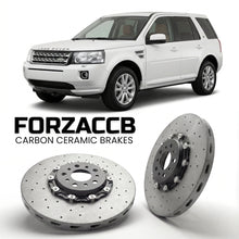 ForzaCCB direct OEM replacement carbon ceramic brake rotors for 2012-2014) Land Rover Freelander II (facelift 2012 models, shown with a white Land Rover Freelander car.