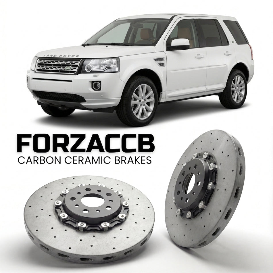 ForzaCCB direct OEM replacement carbon ceramic brake rotors for 2012-2014) Land Rover Freelander II (facelift 2012 models, shown with a white Land Rover Freelander car.