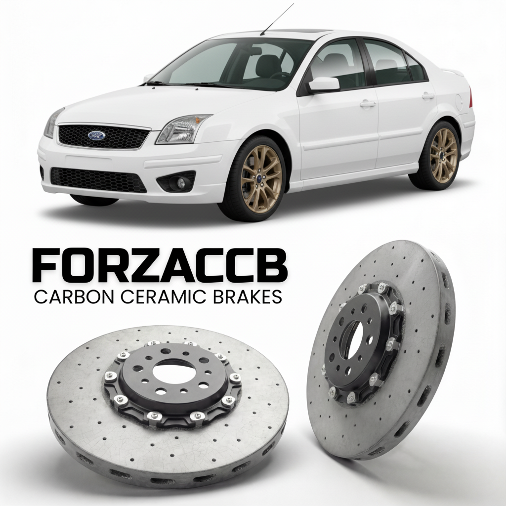 ForzaCCB direct OEM replacement carbon ceramic brake rotors for 2005 to 2005 Ford Fusion models, shown with a white Ford Fusion car.