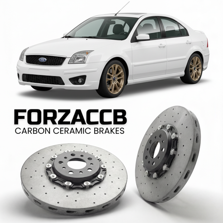 ForzaCCB direct OEM replacement carbon ceramic brake rotors for 2005 to 2005 Ford Fusion models, shown with a white Ford Fusion car.