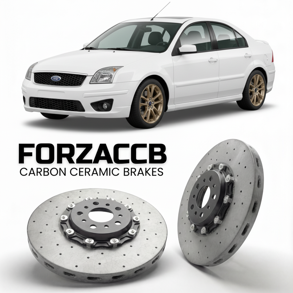 ForzaCCB direct OEM replacement carbon ceramic brake rotors for 2005 to 2005 Ford Fusion models, shown with a white Ford Fusion car.