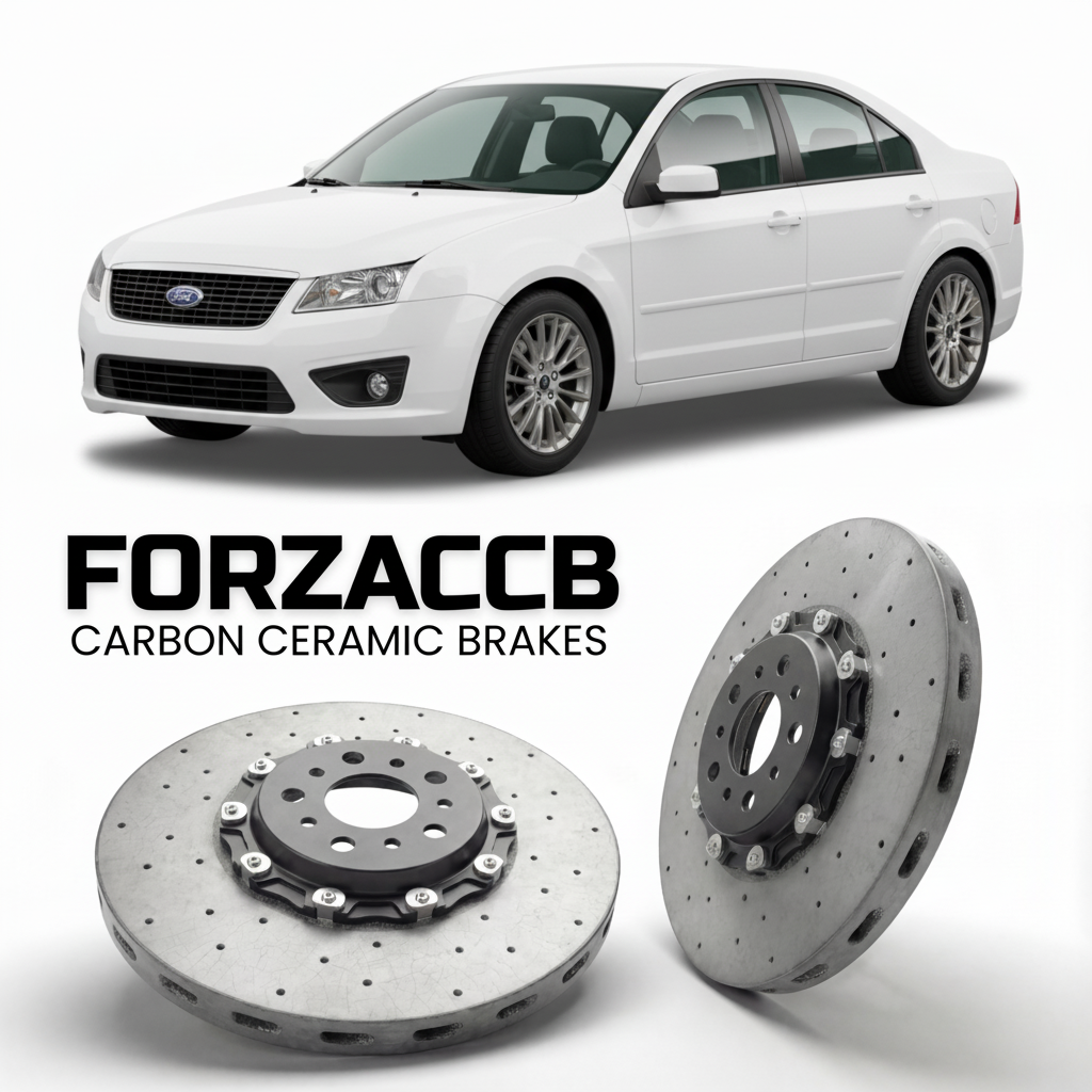 ForzaCCB direct OEM replacement carbon ceramic brake rotors for 2005 to 2009 Ford Fusion USA models, shown with a white Ford Fusion car.