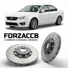 ForzaCCB direct OEM replacement carbon ceramic brake rotors for 2005 to 2009 Ford Fusion USA models, shown with a white Ford Fusion car.