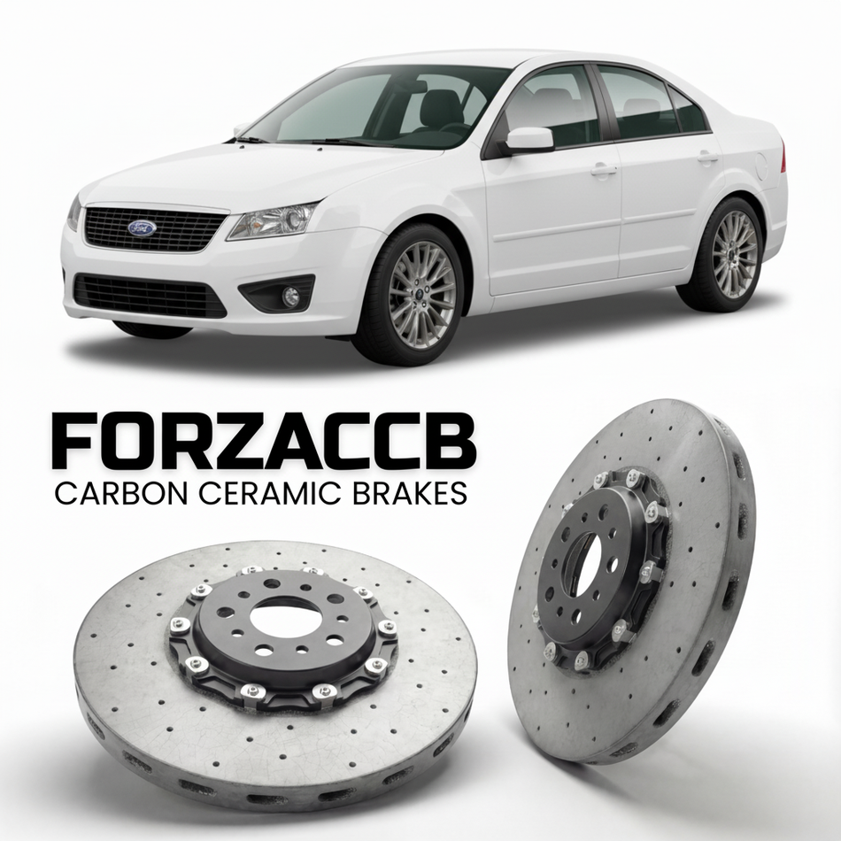 ForzaCCB direct OEM replacement carbon ceramic brake rotors for 2005 to 2009 Ford Fusion USA models, shown with a white Ford Fusion car.