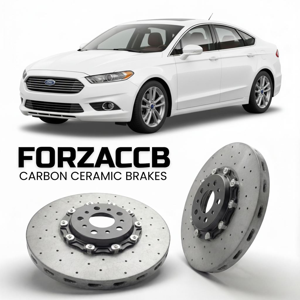 ForzaCCB direct OEM replacement carbon ceramic brake rotors for 2005-2012) Ford Fusion I (facelift 2005 models, shown with a white Ford Fusion car.