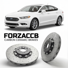 ForzaCCB direct OEM replacement carbon ceramic brake rotors for 2005-2012) Ford Fusion I (facelift 2005 models, shown with a white Ford Fusion car.