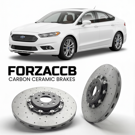ForzaCCB direct OEM replacement carbon ceramic brake rotors for 2005-2012) Ford Fusion I (facelift 2005 models, shown with a white Ford Fusion car.