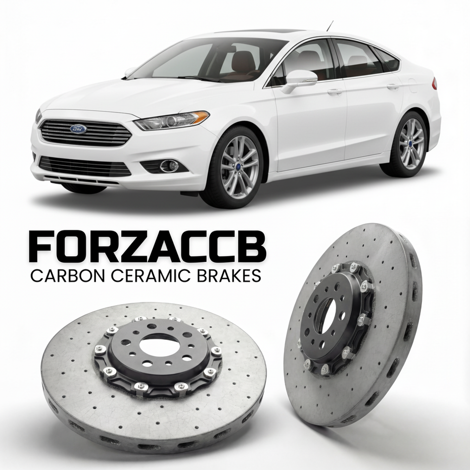 ForzaCCB direct OEM replacement carbon ceramic brake rotors for 2005-2012) Ford Fusion I (facelift 2005 models, shown with a white Ford Fusion car.