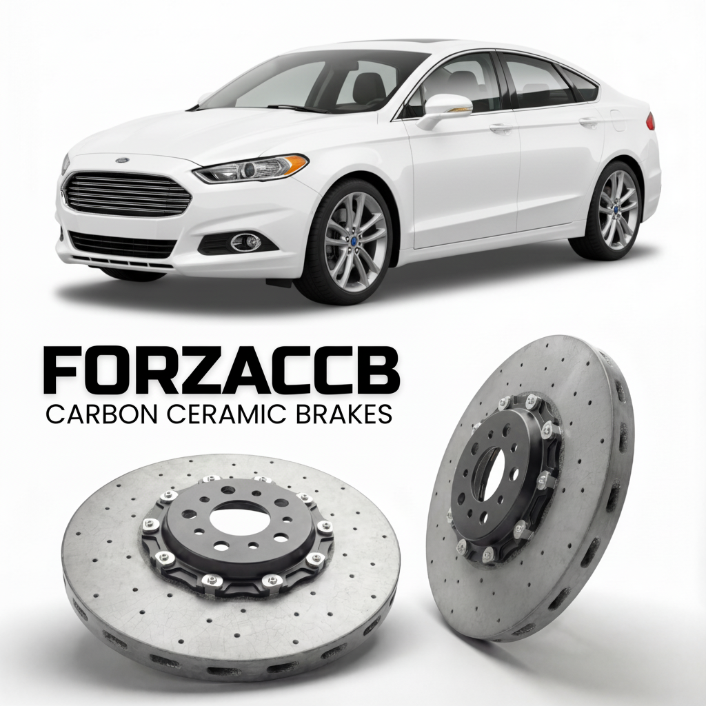 ForzaCCB direct OEM replacement carbon ceramic brake rotors for 2013 to 2016 Ford Fusion II models, shown with a white Ford Fusion car.