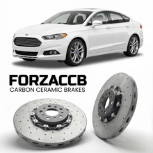 ForzaCCB direct OEM replacement carbon ceramic brake rotors for 2013 to 2016 Ford Fusion II models, shown with a white Ford Fusion car.