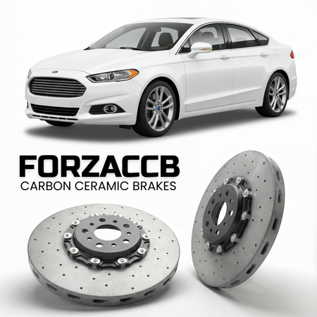 ForzaCCB direct OEM replacement carbon ceramic brake rotors for 2013 to 2016 Ford Fusion II models, shown with a white Ford Fusion car.