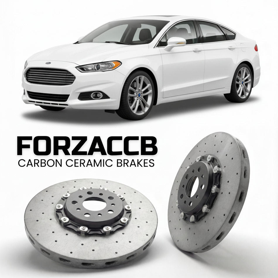 ForzaCCB direct OEM replacement carbon ceramic brake rotors for 2013 to 2016 Ford Fusion II models, shown with a white Ford Fusion car.