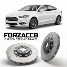 ForzaCCB direct OEM replacement carbon ceramic brake rotors for 2016-2018) Ford Fusion II (facelift 2016 models, shown with a white Ford Fusion car.