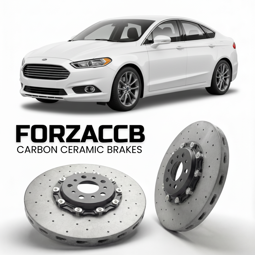 ForzaCCB direct OEM replacement carbon ceramic brake rotors for 2016-2018) Ford Fusion II (facelift 2016 models, shown with a white Ford Fusion car.