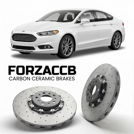 ForzaCCB direct OEM replacement carbon ceramic brake rotors for 2016-2018) Ford Fusion II (facelift 2016 models, shown with a white Ford Fusion car.