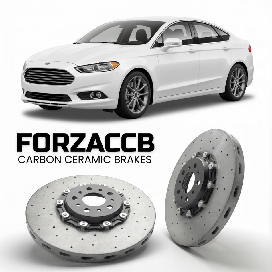 ForzaCCB direct OEM replacement carbon ceramic brake rotors for 2016-2018) Ford Fusion II (facelift 2016 models, shown with a white Ford Fusion car.