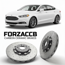ForzaCCB direct OEM replacement carbon ceramic brake rotors for 2018+) Ford Fusion II (facelift 2018 models, shown with a white Ford Fusion car.