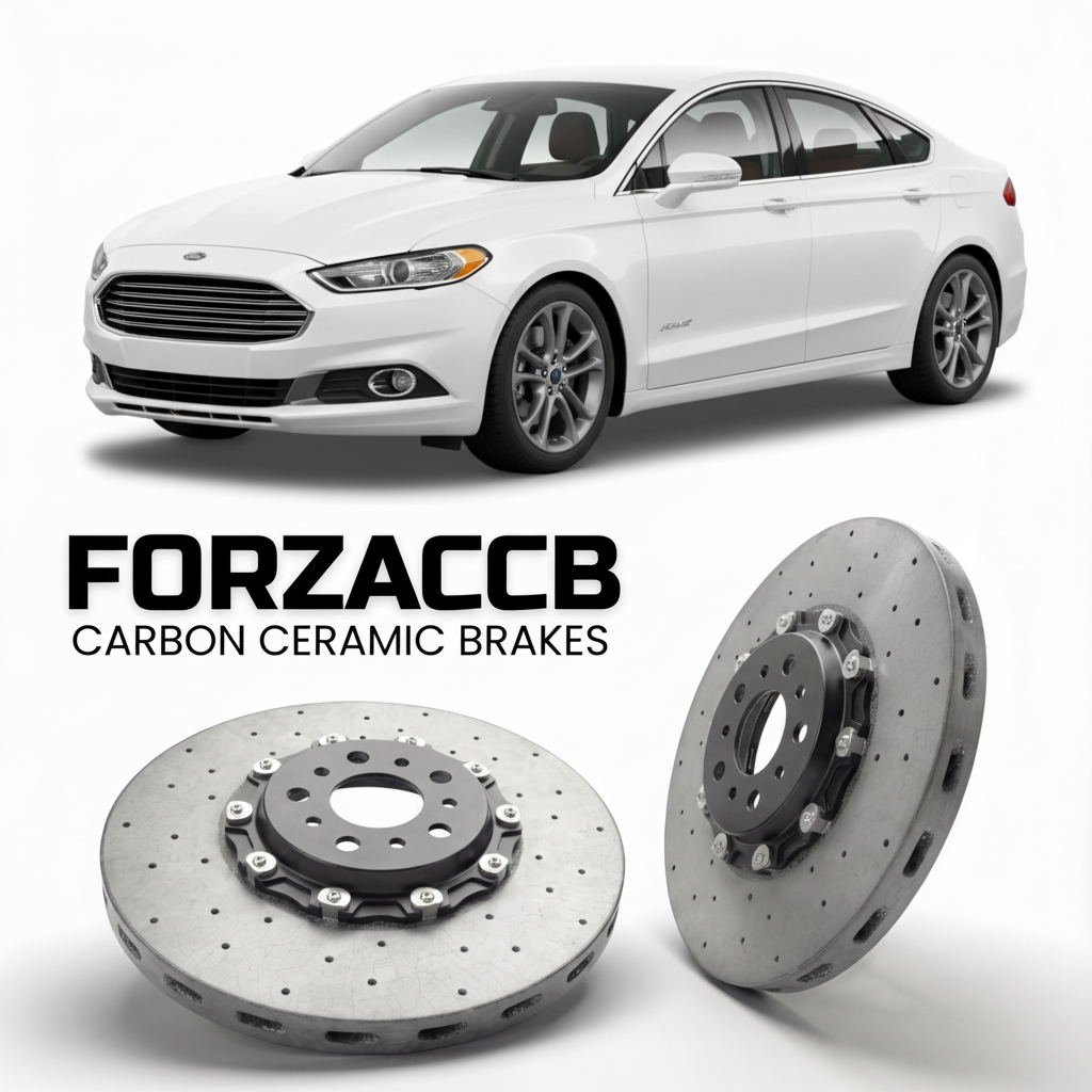 ForzaCCB direct OEM replacement carbon ceramic brake rotors for 2018+) Ford Fusion II (facelift 2018 models, shown with a white Ford Fusion car.