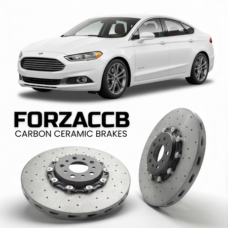 ForzaCCB direct OEM replacement carbon ceramic brake rotors for 2018+) Ford Fusion II (facelift 2018 models, shown with a white Ford Fusion car.