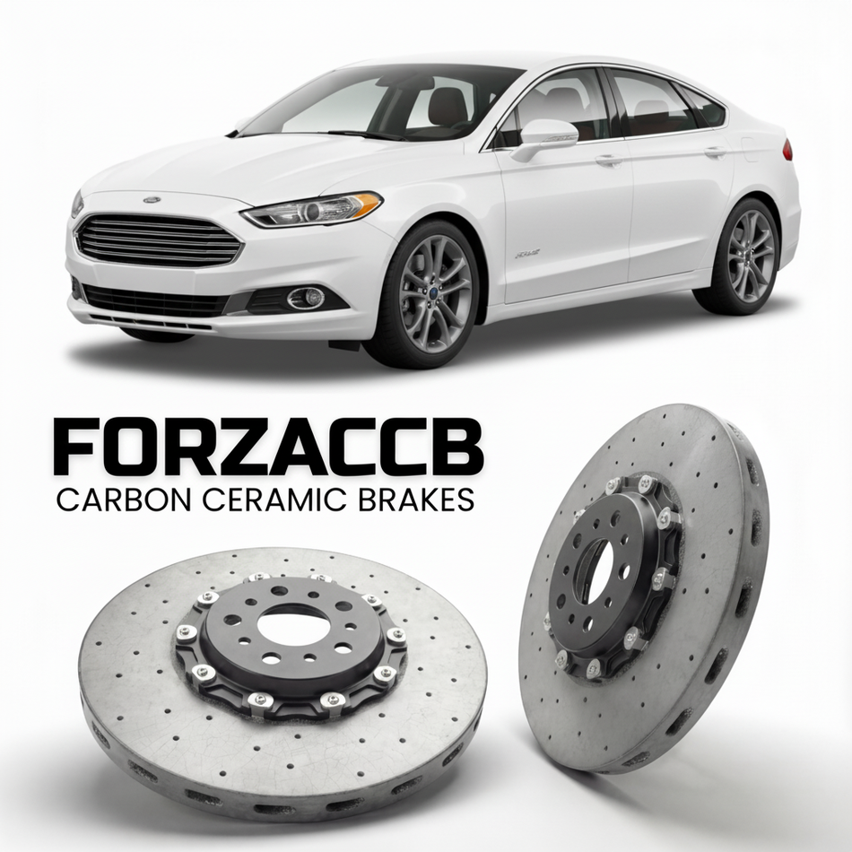 ForzaCCB direct OEM replacement carbon ceramic brake rotors for 2018+) Ford Fusion II (facelift 2018 models, shown with a white Ford Fusion car.