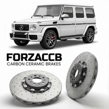 ForzaCCB direct OEM replacement carbon ceramic brake rotors for 2012 to 2018 Mercedes-Benz G 63 AMG W463 models, shown with a white Mercedes-Benz G 63 AMG car.