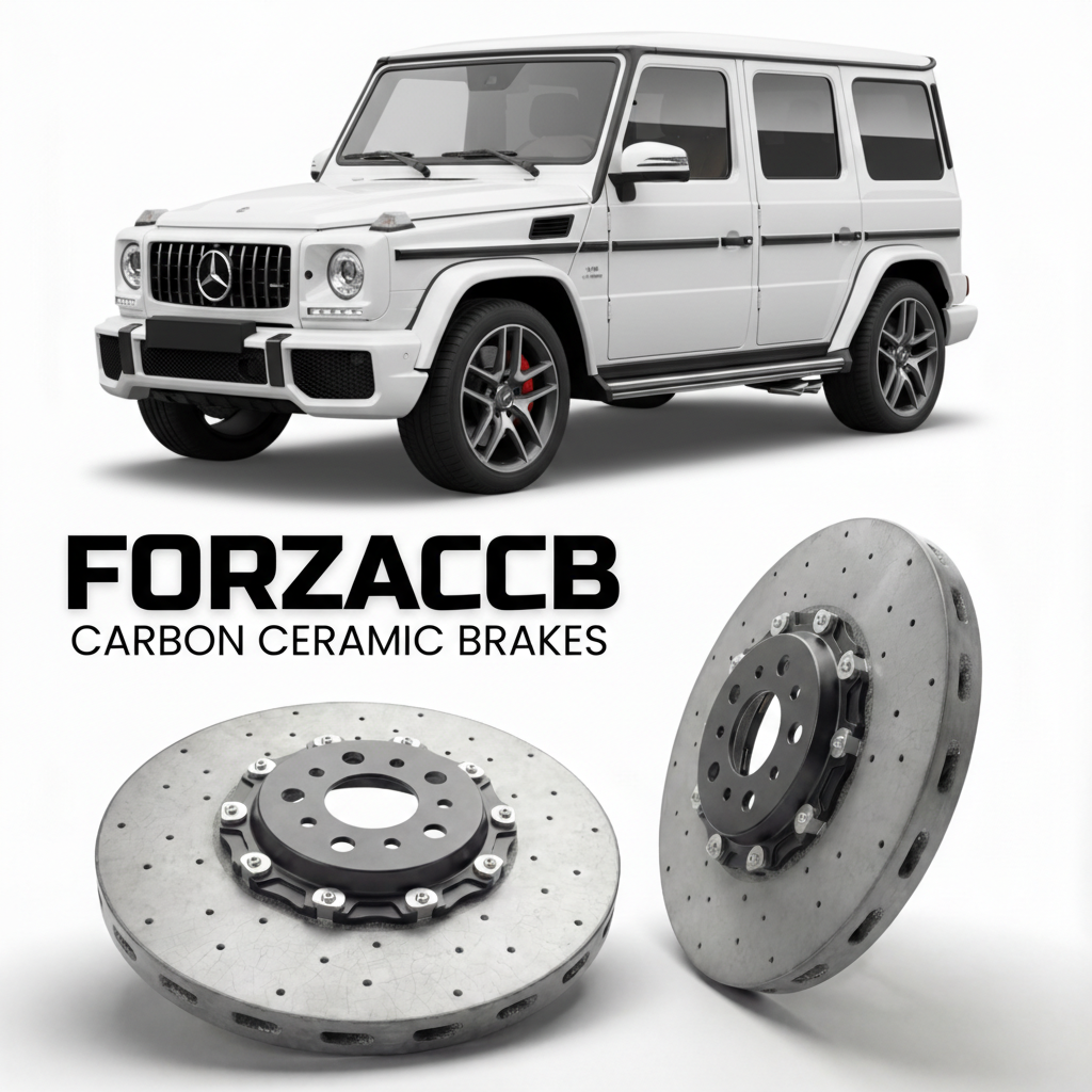 ForzaCCB direct OEM replacement carbon ceramic brake rotors for 2012 to 2018 Mercedes-Benz G 63 AMG W463 models, shown with a white Mercedes-Benz G 63 AMG car.