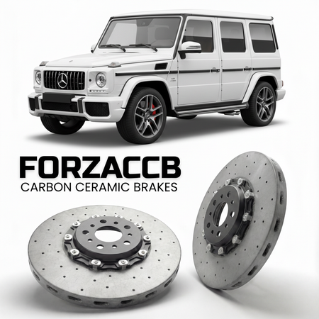 ForzaCCB direct OEM replacement carbon ceramic brake rotors for 2012 to 2018 Mercedes-Benz G 63 AMG W463 models, shown with a white Mercedes-Benz G 63 AMG car.