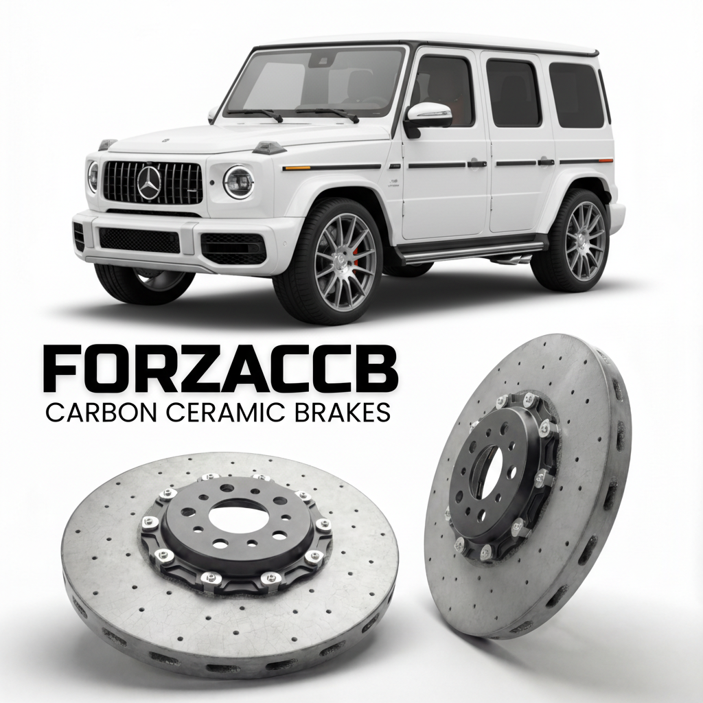 ForzaCCB direct OEM replacement carbon ceramic brake rotors for 2019- Mercedes-Benz G 63 AMG W463A models, shown with a white Mercedes-Benz G 63 AMG car.