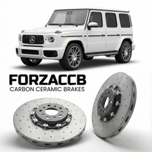 ForzaCCB direct OEM replacement carbon ceramic brake rotors for 2019- Mercedes-Benz G 63 AMG W463A models, shown with a white Mercedes-Benz G 63 AMG car.