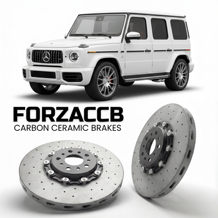 ForzaCCB direct OEM replacement carbon ceramic brake rotors for 2019- Mercedes-Benz G 63 AMG W463A models, shown with a white Mercedes-Benz G 63 AMG car.