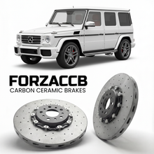 ForzaCCB direct OEM replacement carbon ceramic brake rotors for 2005 to 2018 Mercedes-Benz G-Class W463 models, shown with a white Mercedes-Benz G-Class car.