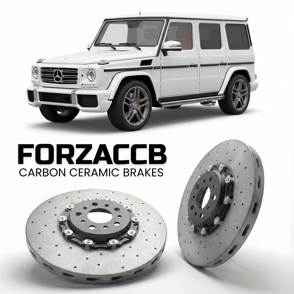 ForzaCCB direct OEM replacement carbon ceramic brake rotors for 2005 to 2018 Mercedes-Benz G-Class W463 models, shown with a white Mercedes-Benz G-Class car.