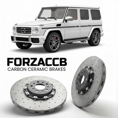 ForzaCCB direct OEM replacement carbon ceramic brake rotors for 2005 to 2018 Mercedes-Benz G-Class W463 models, shown with a white Mercedes-Benz G-Class car.