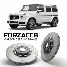 ForzaCCB direct OEM replacement carbon ceramic brake rotors for 2018- Mercedes-Benz G-Class W463 models, shown with a white Mercedes-Benz G-Class car.
