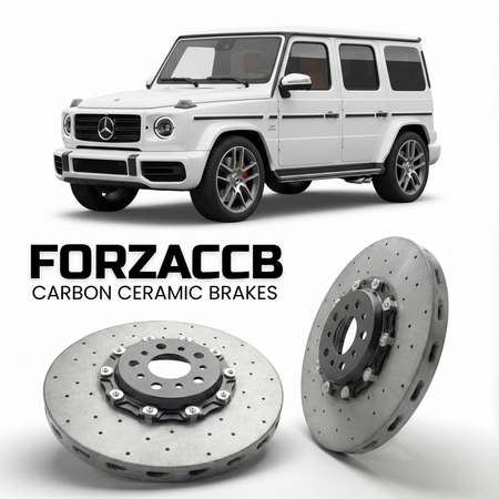 ForzaCCB direct OEM replacement carbon ceramic brake rotors for 2018- Mercedes-Benz G-Class W463 models, shown with a white Mercedes-Benz G-Class car.