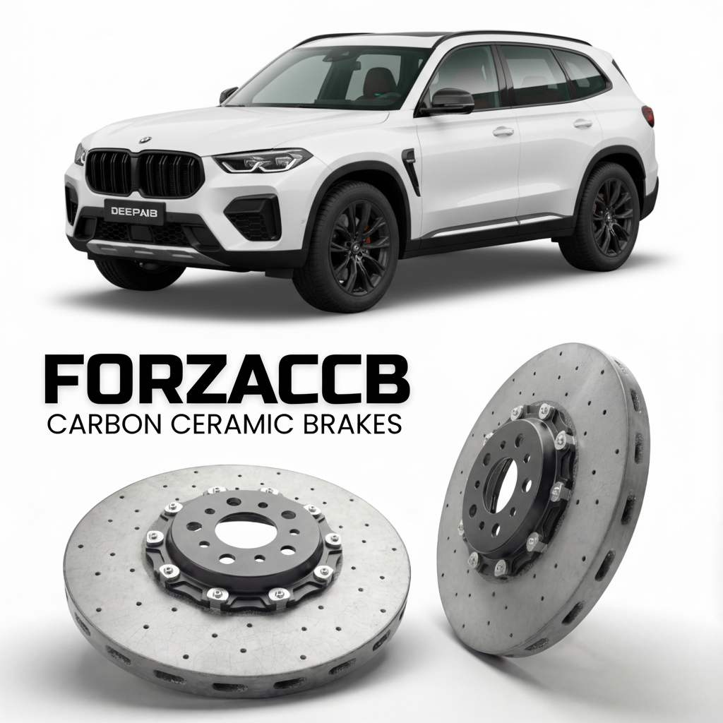 ForzaCCB direct OEM replacement carbon ceramic brake rotors for 2024 and newer Deepal G318 models, shown with a white Deepal G318 car.