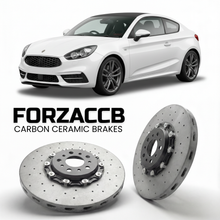 ForzaCCB direct OEM replacement carbon ceramic brake rotors for 2010 to 2026 Ginetta G40 models, shown with a white Ginetta G40 car.