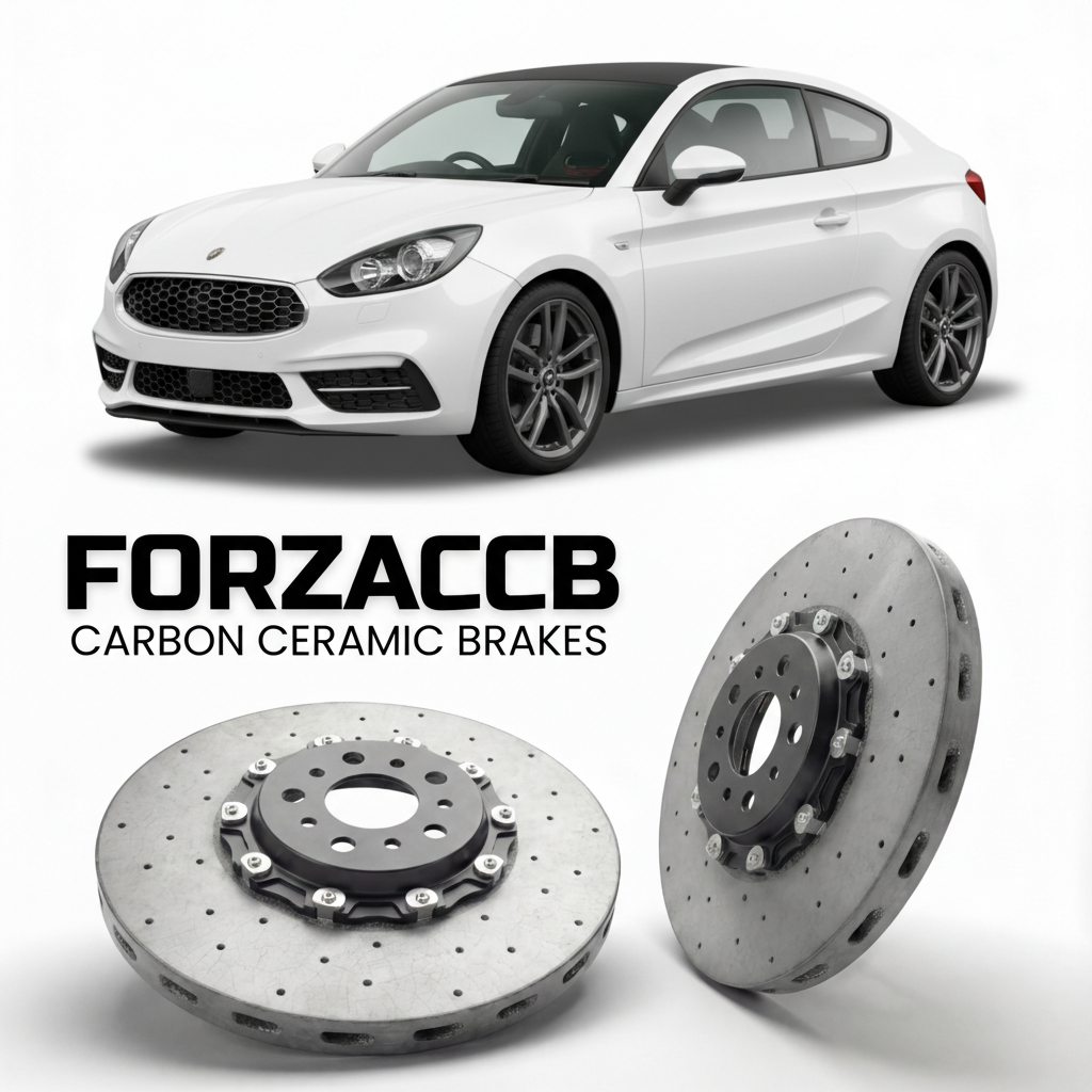 ForzaCCB direct OEM replacement carbon ceramic brake rotors for 2010 to 2026 Ginetta G40 models, shown with a white Ginetta G40 car.