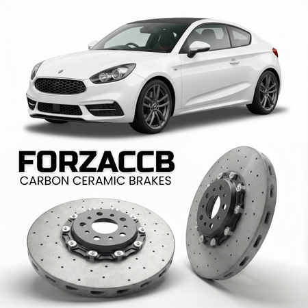 ForzaCCB direct OEM replacement carbon ceramic brake rotors for 2010 to 2026 Ginetta G40 models, shown with a white Ginetta G40 car.