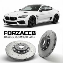 ForzaCCB direct OEM replacement carbon ceramic brake rotors for 2021 to 2026 Ginetta G56 GT4 models, shown with a white Ginetta G56 GT4 car.