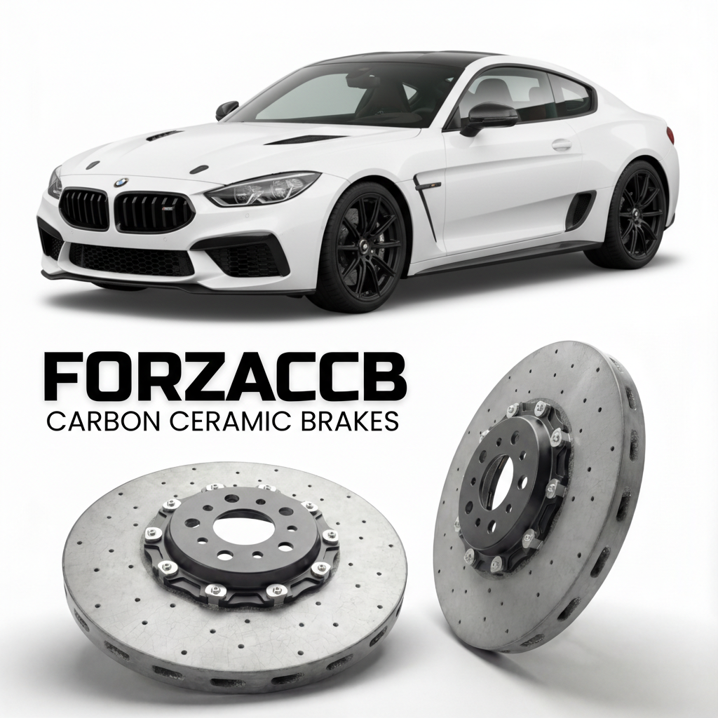 ForzaCCB direct OEM replacement carbon ceramic brake rotors for 2021 to 2026 Ginetta G56 GT4 models, shown with a white Ginetta G56 GT4 car.