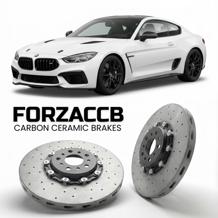 ForzaCCB direct OEM replacement carbon ceramic brake rotors for 2021 to 2026 Ginetta G56 GT4 models, shown with a white Ginetta G56 GT4 car.