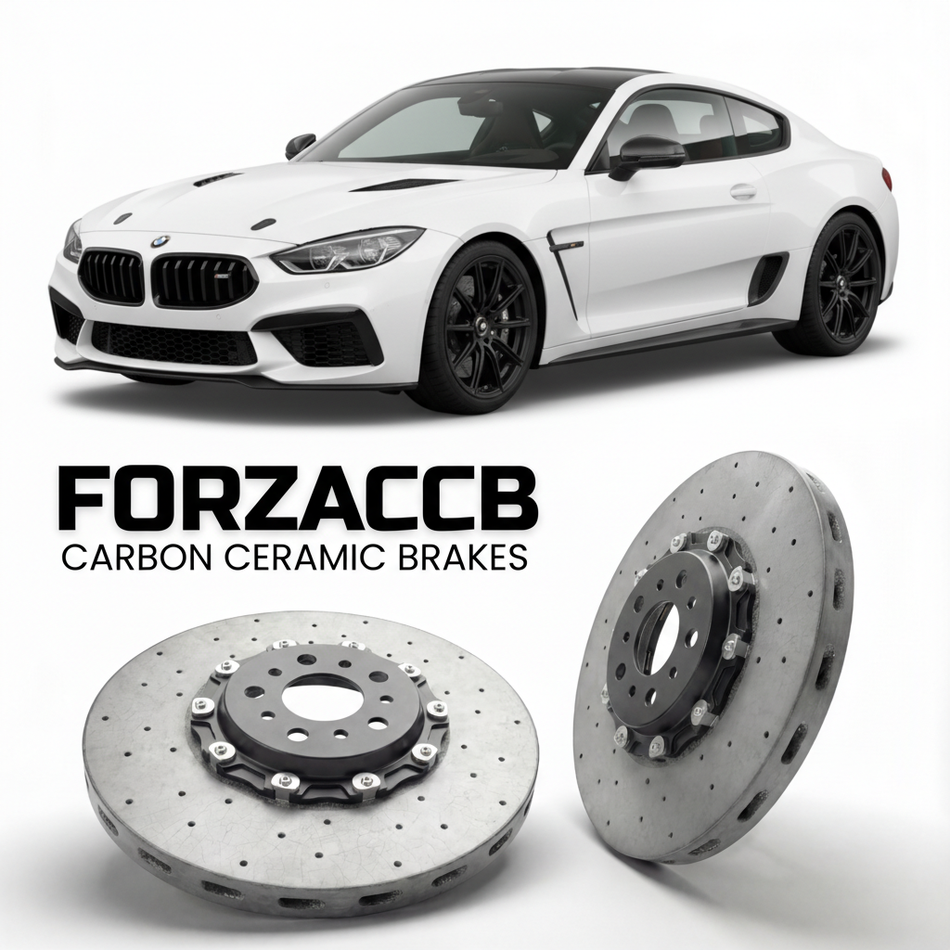 ForzaCCB direct OEM replacement carbon ceramic brake rotors for 2021 to 2026 Ginetta G56 GT4 models, shown with a white Ginetta G56 GT4 car.