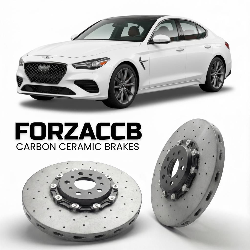 ForzaCCB direct OEM replacement carbon ceramic brake rotors for 2019 to 2026 Genesis G70 models, shown with a white Genesis G70 car.